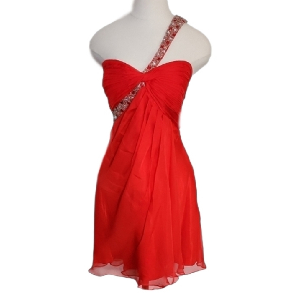 Karishma Mini Dress One Shoulder Ruched Bodice Rhinestones Red Plus Size 30